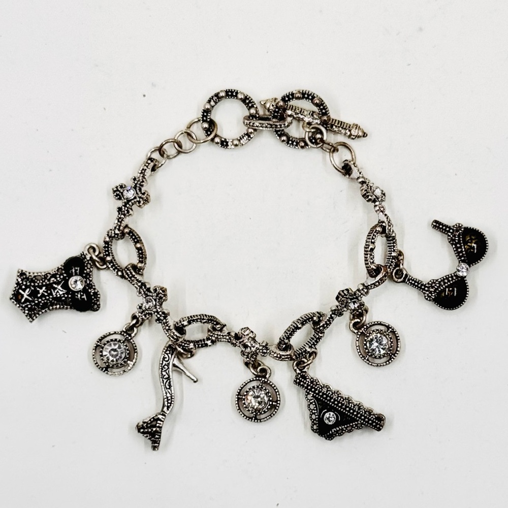 High Heels & Lingerie Gunmetal Silver Toggle Charm Bracelet Rhinestone Accents